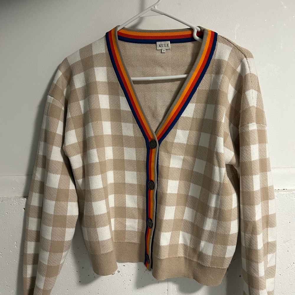 KULE Beige and White Checkered Cardigan with Vibrant Trim - Picture 2 of 5